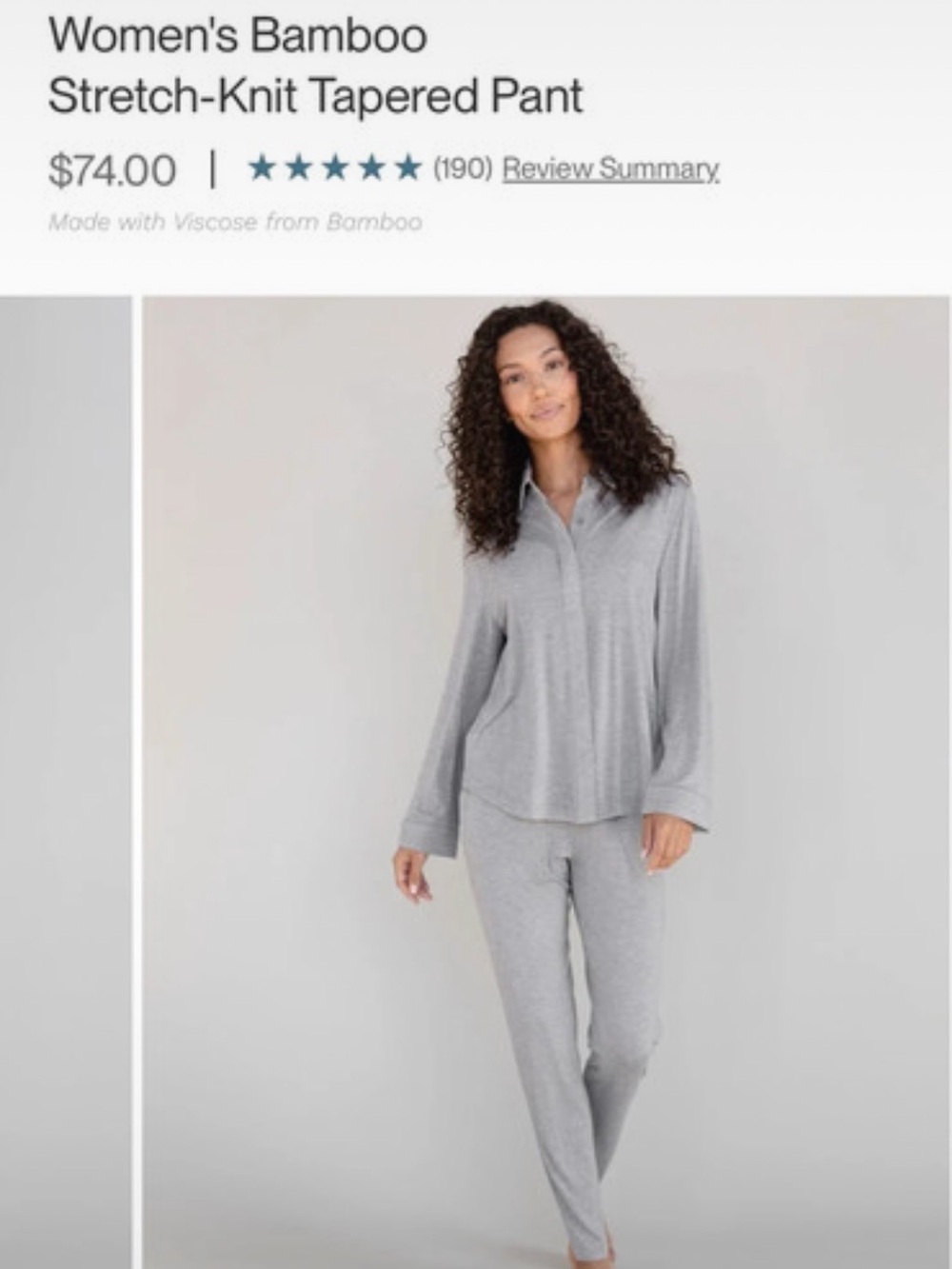 Cozy Earth Bamboo White Two-Piece Loungewear Set - Top & Pants - Picture 2 of 2